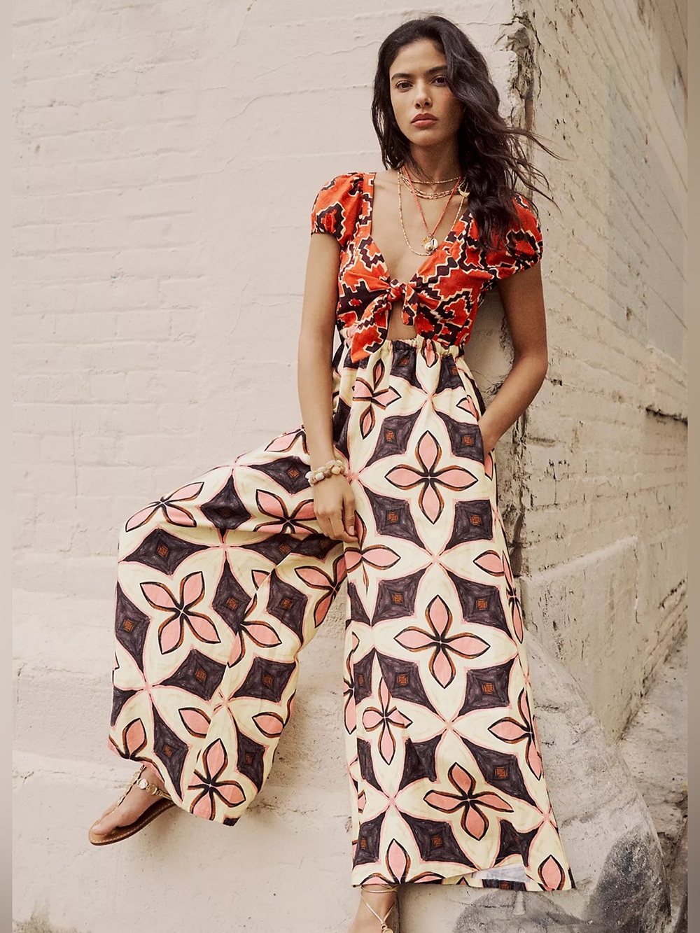 Free People Bali Golden Age Jumpsuit Wide Leg Size XS Boho Vacation Resortwear